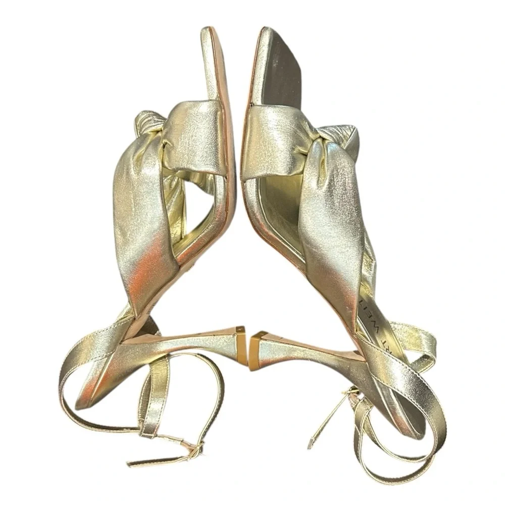 Stuart Weitzman Playa Metallic Leather Square Toe Knotted Ankle Strap Stiletto